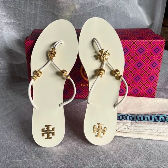 Tory Burch Shoes - Tory Burch Capri Beaded Leather Tong Sandal/ New Ivory/Gold US 8 M/$248 NEW